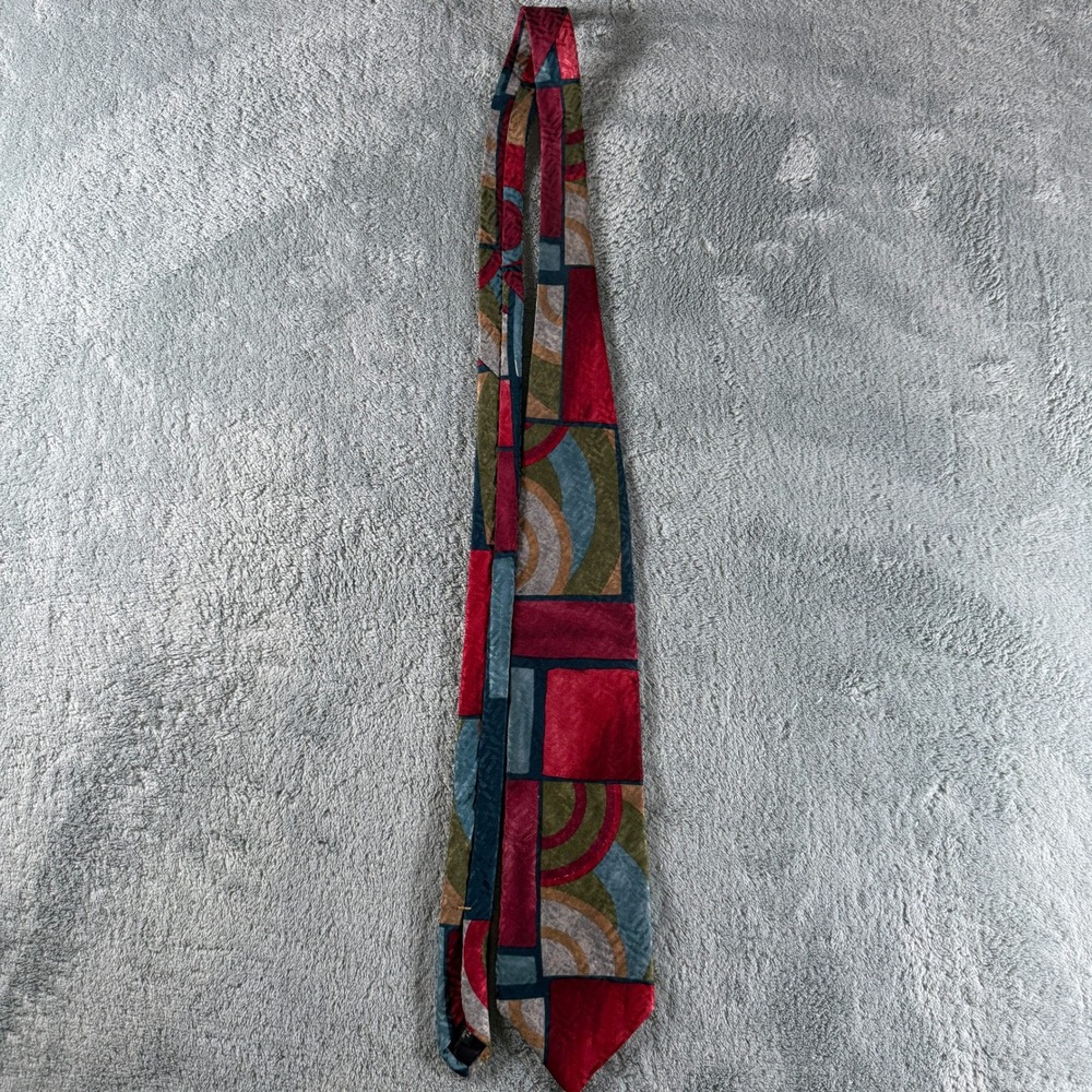 Cellini Collection Mens Silk Necktie Abstract Geometric Red Teal Olive Green 4in